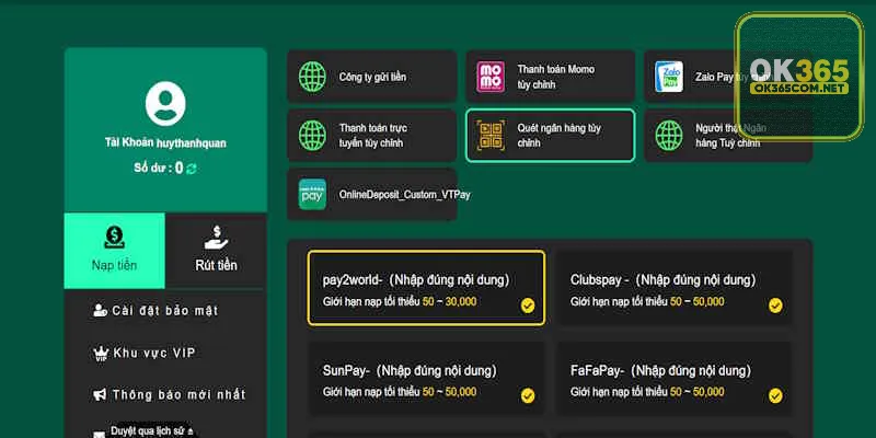 Nhà cái OK365 hỗ trợ nhiều cách thanh toán